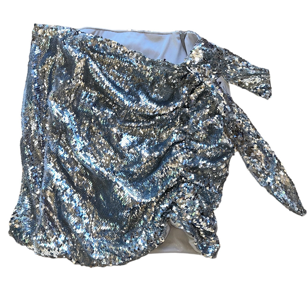Sequin Micro Mini Skirt Silver Size 12 Ruched Metallic OW Collection $128 NEW - Picture 6 of 11